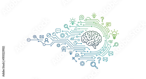 Abstract representation of human brain with interconnected ideas and technology.