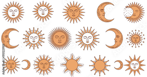 Boho Ethnic Celestial Sun and Moon Icons, mystical cosmic vector set featuring sleeping faces, astrology and magic symbols, celestial elements, moon phases, sun designs, isolated illustrations 