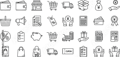 Retail shopping and payment line icon set with cart, wallet, coupon and delivery symbols