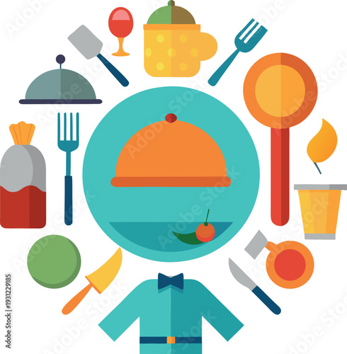 Colorful Restaurant Kitchen Utensils and Food Illustration with Serving Dish and Chef's Jacket on white background