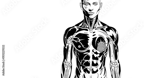 Anatomical illustration of human muscular system and skeleton.