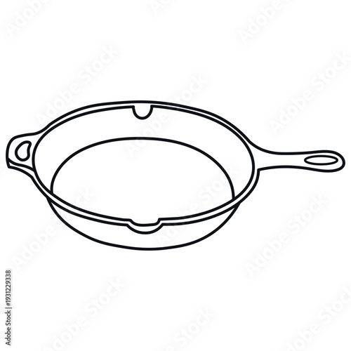 A clean line art version of a cast iron skillet, featuring the distinct helper handle and pouring spouts. Designed for high-legibility icons and simple culinary graphics.