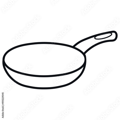 A clean, minimalist line art illustration of a frying pan in white with a black outline. Ideal for coloring books, simple icons, or instructional diagrams in kitchen manuals.