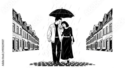 A tender monochrome illustration depicting a loving couple sharing an umbrella as they stroll intimately down a classic rainy city street, capturing a moment of quiet connection and urban romance