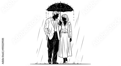 Classic black and white illustration depicting an elegant couple walking arm in arm under a shared umbrella through a gentle rain, symbolizing enduring love and companionship on life's journey