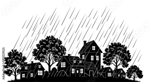 Black and white illustration depicting heavy rainfall over a residential neighborhood with silhouetted houses and trees