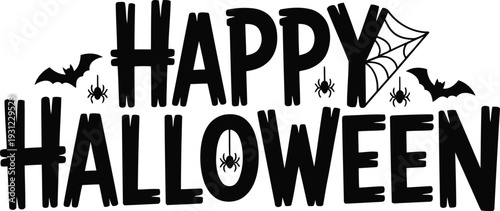 Happy halloween text lettering with spider web and bat decorations for festive invitations