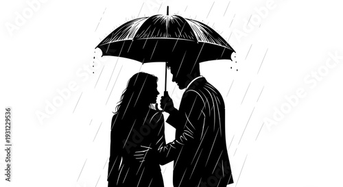 Couple sheltering from rain under umbrella silhouette, symbolizing protection and togetherness in a downpour