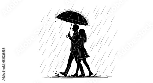 A romantic silhouette illustration of a loving couple sharing an umbrella while walking together through the gentle falling rain, symbolizing protection and companionship in adverse weather