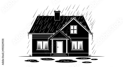 Monochromatic illustration depicting a house with a chimney under a heavy downpour, surrounded by puddles on the ground