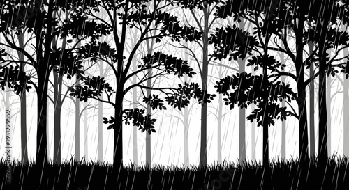A peaceful and reflective moment captured within a dense forest, where the rhythmic falling rain creates a mesmerizing natural backdrop in a monochromatic illustration