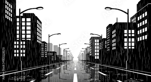 A Rainy Night in a Monochrome Cityscape Wet Streets Reflecting Towering Buildings Under Streetlights