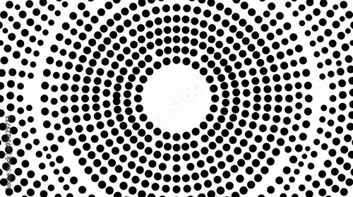 Abstract minimalist design with radiating black dots creating a compelling optical illusion effect from a central white void, a monochrome graphic art representing digital focus