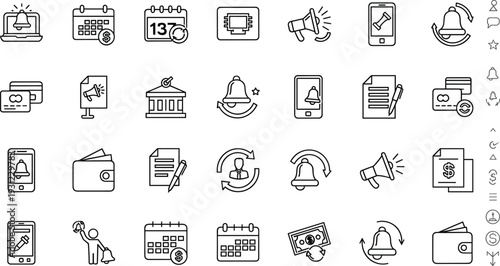 Notification and alert line icon set with bell, calendar, reminder and announcement symbols
