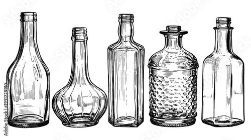 Antique glass bottles collection in hand drawn sketch style for apothecary and home decor