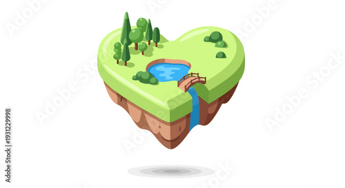 Heart Shaped Island with Waterfall and Trees