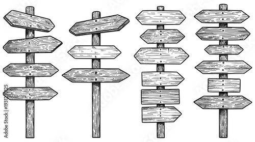 Wooden directional signs and rustic signboards collection on poles engraved texture design