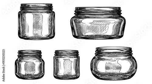 Empty glass jars collection in various shapes and sizes featuring vintage engraving detail