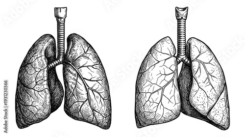 Detailed human lungs anatomical sketch in vintage engraving style on transparent backdrop