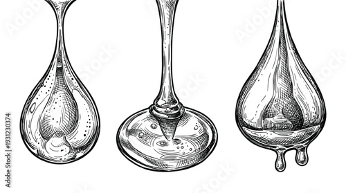 Set of liquid drop illustrations in vintage engraving style with splashing and ripples art