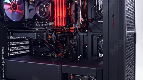 Modern desktop computer tower with illuminated internal components