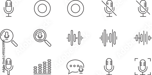 Collection of outline icons representing audio and voice recording, search, and sound waves. Perfect for digital communication, podcasts, and technology concepts.