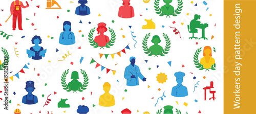 Colorful vector seamless pattern illustration featuring diverse professional worker silhouettes, laurel wreaths, and festive confetti for International Workers' Day celebration