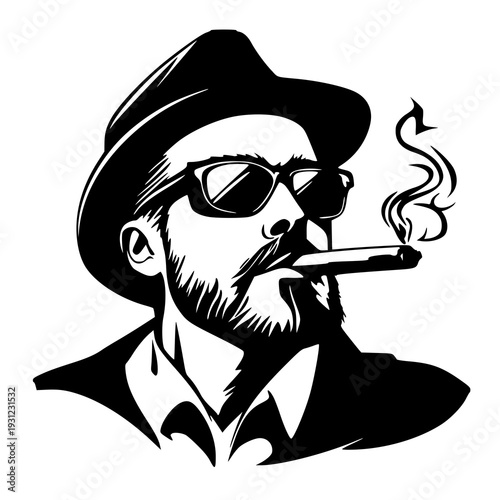 Man with hat and smoke , vector illustration of a Man with hat and smoke , silhouette of a Man with hat and smoke 