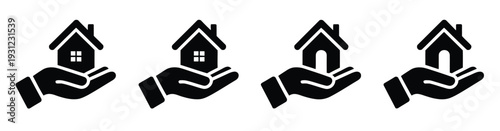 Collection of Real Estate Protection Icons, professional vector pack showing hands cradling houses, representing home protection, safety, property insurance, and housing security, isolated flat vector