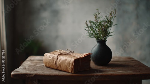 Rustic wrapped package beside elegant vase with fresh greenery on wooden surface
