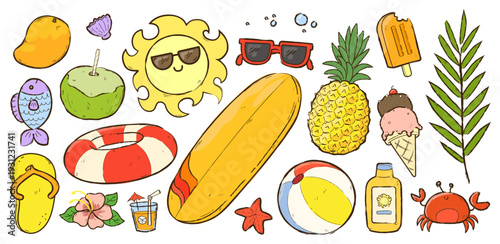Set de ilustraciones decorativas dibujadas a mano de verano. Vector