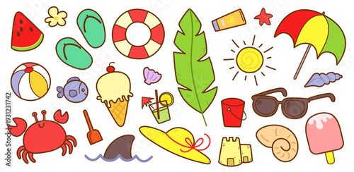 Set de lindas ilustraciones decorativas dibujadas a mano de elementos veraniegos. Vector