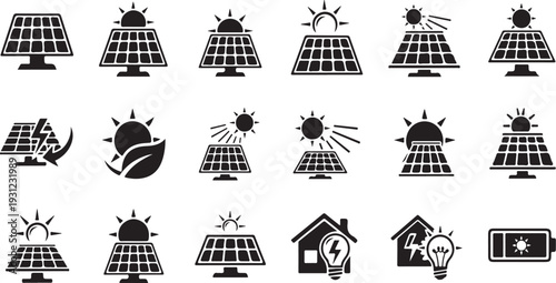 Solar panel icons set: sun, leaf, house, battery, lightning bolt, energy, power, clean energy, renewable energy, technology, eco friendly