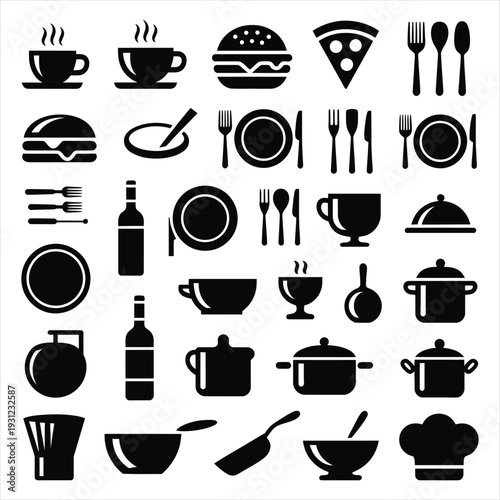 Assorted food and drink icons including burgers, pizza, coffee, wine, and cooking utensils