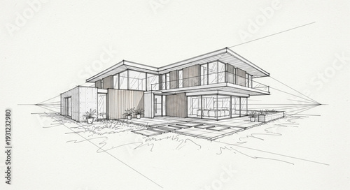 Architectural sketch of a modern house with clean lines and large windows.