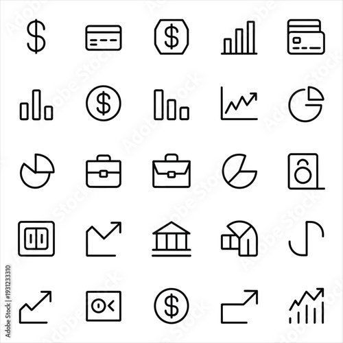 Finance and business line icons set featuring currency, credit cards, charts, and banking symbols