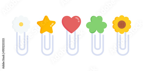 Cute paperclips collection. Daisy flower, star, heart, lucky clover and sunflower clips. Flat cartoon vector isolated design illustration.