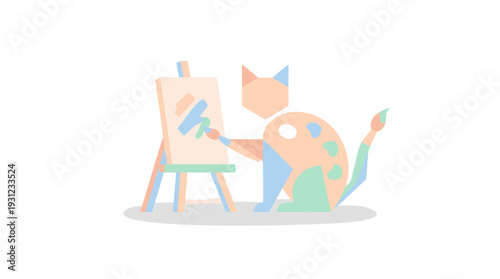 Geometric Cat Artist Painting on Easel with Brush & Palette, Promoting Creativity & Fine Art Featuring Flat Design Pastel Colors, Isolated Vector Illustration.