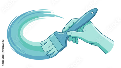 Hand holding a paintbrush painting a curving aqua blue stroke, illustrating artistic creativity and design, with a modern flat vector aesthetic, isolated on a crisp white background.