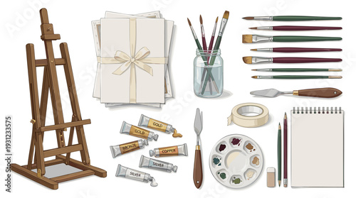 Art Supplies Collection Arranged for Creative Painting and Drawing, Embodying Artistic Expression and Hobby in a Hand-Drawn Cartoon Style with Earthy Tones, Isolated Vector Graphic.