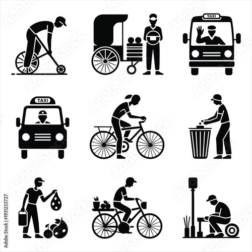 Set of essential worker and street vendor job icons in solid black style on white background