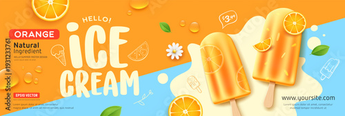 Ice cream orange fruit, summer sale, cool sweet fresh, banner poster design on orange and blue background