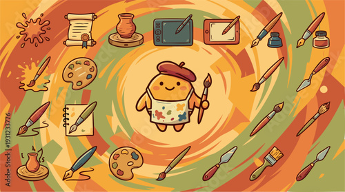 Happy Artist Character & Diverse Art Tools, Showcasing Creative Process & Hobbies for the Art Industry, with Warm Tones in a Cartoon Flat Vector Digital Illustration