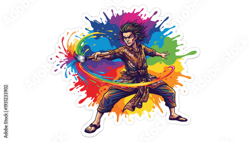 Dynamic Male Artist Wielding Paintbrush Creating Rainbow Paint Splash, Symbolizing Creativity and Vibrant Expression, in a Bold Colorful Modern Vector Illustration, Sticker Style
