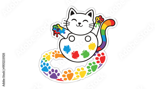 Cheerful Artist Cat holding paint palette with colorful paw prints and rainbow tail expressing creativity and hobby art in a vibrant cartoon flat design as an isolated vector illustration