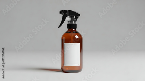 Amber glass spray bottle with white label liquid