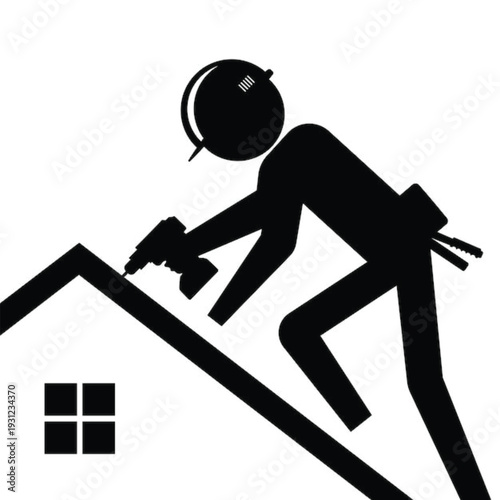 Silhouette icon of a construction worker or roofer fixing a house roof with a power drill