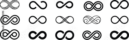 Collection of black and white infinity symbols in various styles and orientations line symbol sign