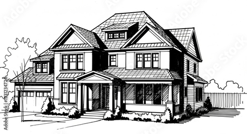 Architectural sketch of a large two story residential house with a garage.