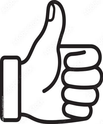Minimalist black vector line icon of a thumbs up hand gesture isolated on white background